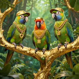 parrots dressed in golden rings, necklaces and with caps on head, rapping and sitting on golden trees, rap scene, jungle concept art, trending on artstation, highly detailed, digital art, 8 k