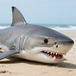 professional photo of a shark body and canine wolf muzzle head half wolf half shark strange chimera discovered on the beach