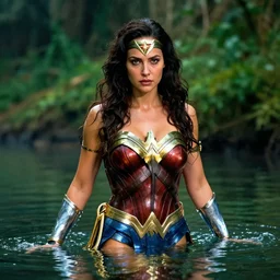 Wonder Woman as a forest nymph emerging from the water, award-winning photograph, sensuality, 4k