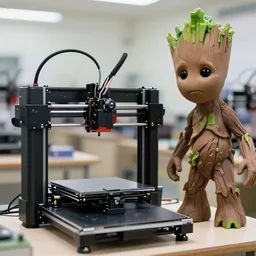 3 d printer and groot with sad face at a 3 d printers farm, focus on 3 d printer, sharp focus,