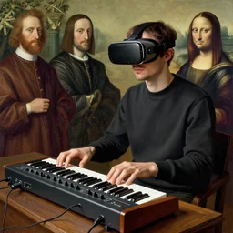 man wearing vr - glasses plays a modular synthesizer. painted by francis bacon, hieronymus bosch, giuseppe arcimboldo, albrecht durer, leonardo davinci digital art.