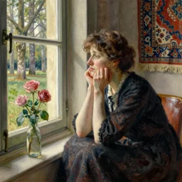 a woman with her hands dragging her chin, sorrowfully sits by a window, looking out into the distance, a grove of french sycamores in the distance. roses are placed by the window, and a persian tapestry hangs on the wall, warm lighting, strong shadows, watercolor by john singer sargent