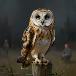 an extremely detailed masterpiece painting of a short - eared owl on a wooden fence post, in the style of brian froud, brian despain, brian bolland, digital art, unreal engine, volumetric lighting, dark moody lighting, trending on artstation, photorealistic, epic scene
