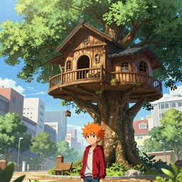 orange - haired anime boy, 1 7 - year - old anime boy with wild spiky hair, wearing red jacket, standing under treehouse in city plaza, urban plaza, treehouse hotel, large tree, ultra - realistic, sharp details, subsurface scattering, blue sunshine, intricate details, hd anime, 2 0 1 9 anime
