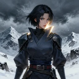 portrait of a very beautiful female ninja gaiden momiji, stormy snowy fiji mountain, angular and altermodern, highly detailed, artstaion, digital painitng, radiant light, an ultrafine hyperrealistic illustration by artgerm and mucha and beeple