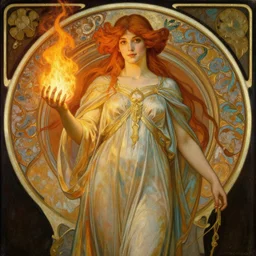young celtic woman, goddess of fire, flowing gown, smug expression, highly detailed painting by gaston bussiere, craig mullins, j. c. leyendecker 8 k, art nouveau