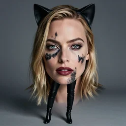portrait of margot robbie with a cat woman costume, full body shot, highly detailed, beautiful eyes, beautiful face, detailed face, cinematic, professional photograph