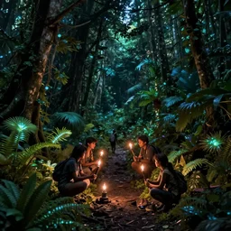 « a group of people caring lamps torches, lost in a dark jungle, far view, luminescent plants, detailled »