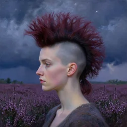 closeup, giant flower head mohawk, a woman in a heather field, surreal photography, starlight, storm clouds, impressionist painting, digital painting, artstation, simon stalenhag