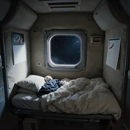 interior view of a space pod bed, small window to see space, tight space, claustrophobic, messy blankets and calendar on wall, small space, dim lighting, muted colors, by greg rutkowski makoto shinkai takashi takeuchi