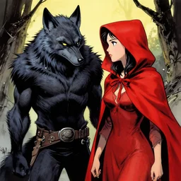 werewolf and red riding hood are looking for something, Richard Corben style
