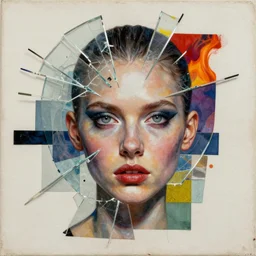 strip performance of fire and ice minimalistic analogue mixed media collage with canvas texture in style of contemporary art, punk art, realistic face, expressionism, masterpiece, perfect composition, photorealistic beautiful face, spectacular quality, intricate details, shattered glass textures, colorful