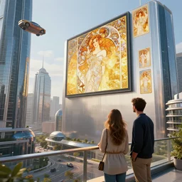 a city in the future | tall skyscrapers | flying cars | giant digital billboards | a beautiful modern couple stands on a balcony in the foreground | they look out over the futuristic city this is also our pov | by greg rutkowski alphonse mucha gustav klimt mel ramos and john berkey | golden ratio