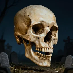 giant skull hovering over graveyard, realistic shattered human skull, nighttime award winning photography