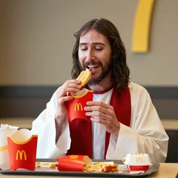 jesus giving a sermon whilst eating mcdonalds