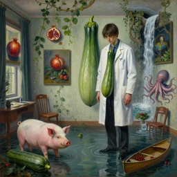 painting of a flooded artist's apartment and a tall emo pathologist, a mystical courgette, a pig, paintings on the wall, pomegranates, vines, waterfall, octopus, canoe, berries, zen, sensual, surrealist painting by magritte and rousseau and monet