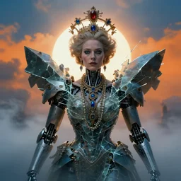 portrait of a cyborg queen elizabeth, shattered glass, jewellery, cinematic light, backlight, orange sky blue, mist, mecha, clouds, by mikhail vrubel, by philippe druillet, by wlop, by peter elson, by gerald brom, muted colors, ( extreme detail ), trending on artstation, 8 k