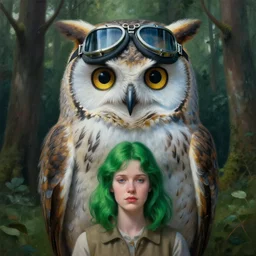 the full body of a giant owl and a woman, close up portrait, ww 2 pilot goggles, fine facial features, symmetrical, sad, blue skin, green hair, in a forrest, inspired by edward hopper and grand budapest hotel, high resolution, octane render, high detailed masterpiece painting
