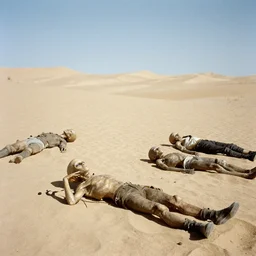 alien bodies laying on the desert ground. 1940s photograph.