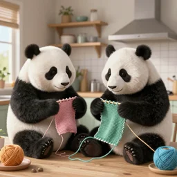 panda knitting in the kitchen by greg rutkowski and thomas kinkade, trending on artstation, 3 d render octane
