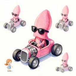 cute and funny, pink colored squid wearing sunglasses riding in a tiny hot rod with oversized engine, ratfink style by ed roth, centered award winning watercolor pen illustration, isometric illustration by chihiro iwasaki, edited by range murata, tiny details by artgerm and watercolor girl, symmetrically isometrically centered