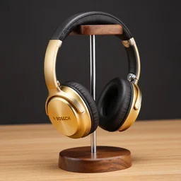 product photograph, gold bosch headphones on a wooden stand, made by dr. dre