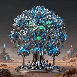Marc Simonetti, Tomer Hanuka, smooth polished metal with detailed line work, Mandelbulb flowers and trees, Exquisite detail, blue neon details, green neon details, white neon details, hyper detailed, intricate illustration, golden ratio, steampunk, mist, neon lights, steampunk desert background, by Tomer Hanuka