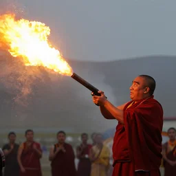 dalai lama aggressively firing a flamethrower into the air