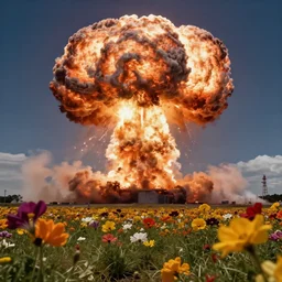 a nuclear explosion with flowers, hyper detailed, depth of field, backlight, Super HD.
