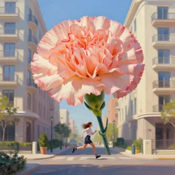 a large carnation flower head, woman running between luxury apartments, surreal photography, sunlight, impressionist painting, digital painting, artstation, simon stalenhag