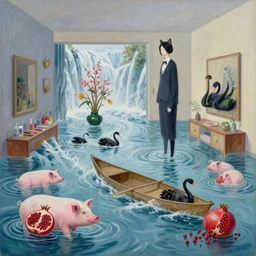 painting of flood waters inside an apartment, zen, a tall catgirl art student, a river flooding inside, art supplies, pigs, ikebana, water, river, rapids, waterfall, black swans, canoe, pomegranate, berries dripping, acrylic on canvas, surrealist, by magritte and monet