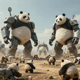 film still of a barren wasteland filled with giant robot pandas, by rupam raaj r., trending on artstation, breathtaking, award winning, groundbreaking, octane render, unreal 5, intricate digital art, 8 k high resolution