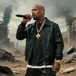 pitbull the rapper in a post apocalyptic wasteland holding a microphone, by cedric peyravernay, highly detailed, excellent composition, photorealistic, cinematic concept art, dramatic lighting, trending on artstation
