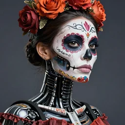 half - body - portrait of a female android, intricate, elegant, super highly detailed, professional digital painting, el dia los muertos, concept art, smooth, sharp focus, unreal engine 5, photorealism, hd, 8 k, beautiful, cinematic, art by artgerm and greg rutkowski and alphonse mucha and loish and wlop