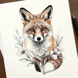 amazing detailed tattoo stencil of a floral realistic fox
