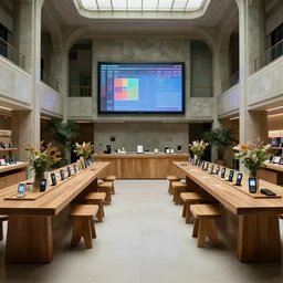 (2050s Microsoft art nouveau brutalist retail interior. Mobile phones. large oak tables, empty stools, fragrant plants, large digital screens) muted palette, architectural photography, wide shot, XF IQ4, 14mm, f/1.4, ISO 200, 1/160s, 8K, RAW, unedited, symmetrical balance