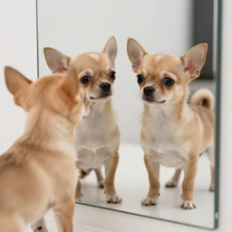 a honey colored chihuahua puppy looking at his reflection in the mirror from the front