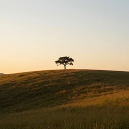 lone tree in the distance on a hill, warm evening light, landscape photography