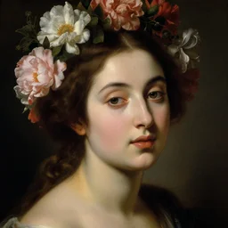 a closeup portrait of one beautiful young goddess with flowers behind her head, painted by diego velazquez and rachel ruysch, hyperreal, dark, dramatic lighting, analogous complementary colour scheme