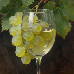 oil painting of glass of wine, full wineglass, translucent grapes closeup, glass refraction, art by anders zorn, wonderful masterpiece by greg rutkowski, beautiful cinematic light, american romanticism by greg manchess, backlit vine leaves
