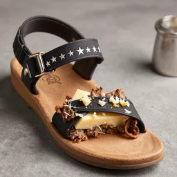 Chaco sandal filled with meat and cheese, food photography, HDR, DSLR, Michelin star, detailed, 4k