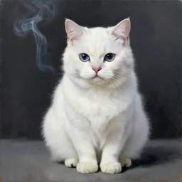 anthropomorphic white cat in black smoking, hyperrealism oil painting