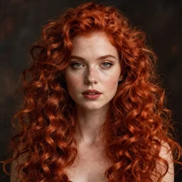 Red-haired woman with long curly red hair. Art by Greg Rutkowski.