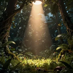 jungle inside spotlight, background dark, cinematic view, epic sky, detailed, concept art, low angle, high detail, warm lighting, volumetric, godrays, vivid, beautiful, trending on artstation, by jordan grimmer, huge scene, grass, art greg rutkowski