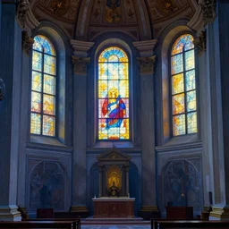 an interior shot of a Vatican church with glowing windows, painterly, markus vogt, alejandro burdisio, pascal blanche, James Piack, cold saturated colours