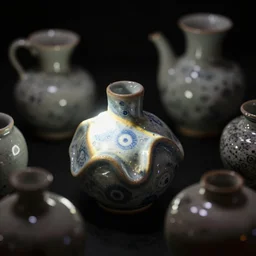 studies of shino ceramics with organic shapes, background black, bokeh, macro view, megapixel, floodlight, moody lighting, cinematic lighting, global illumination, ray tracing reflections