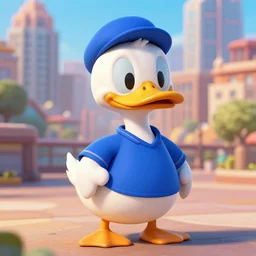 an anthropomorphic duck in a blue shirt in the style of zootopia detailed city in background
