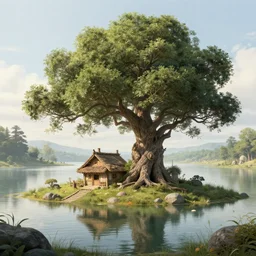 fantasy landscape, hut andre tree, lake, art by chinnkun, high detail, sharp focus, elegant, intricate, epic, fantasy digital art