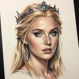 tattoo sketch of very beautiful galadriel wearing a crown and arrowhead earrings, hyper - realistic, beautiful piercing eyes, small and sharp pupils, sexy look, beautiful blonde hair, in the style of matteo pasqualin, amazing detail, fantasy, elegant, smooth, sharp,