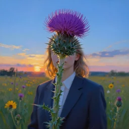 mighty thistle flower under head, a girl in a suit in field of flowers, surreal photography, sunrise, blue sky, dramatic light, impressionist painting, digital painting, artstation, simon stalenhag